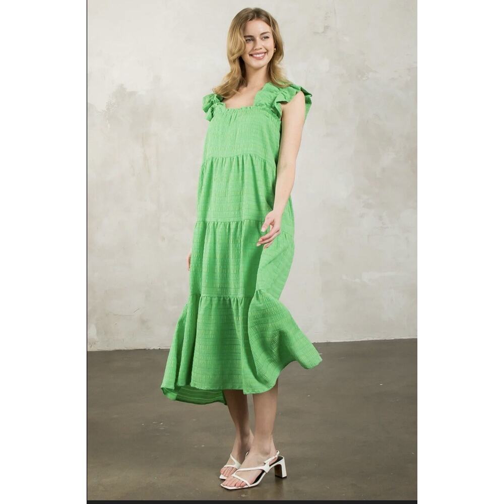 THML Textured Tiered Ruffled Sleeve Maxi Dress Prairie Coastal Beach Cruise‎ M